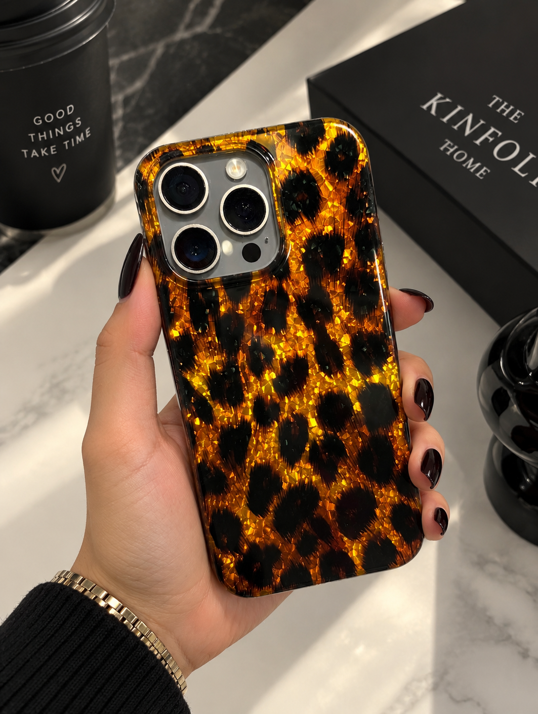 Leopar desenli kılıf canlı doğal leopar