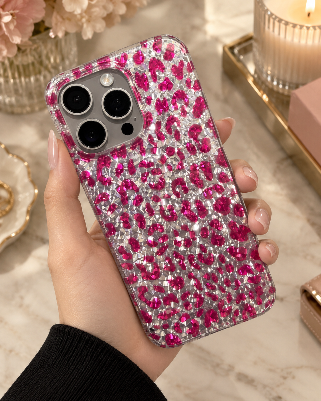 Leopar desenli kılıf canlı açık pembe